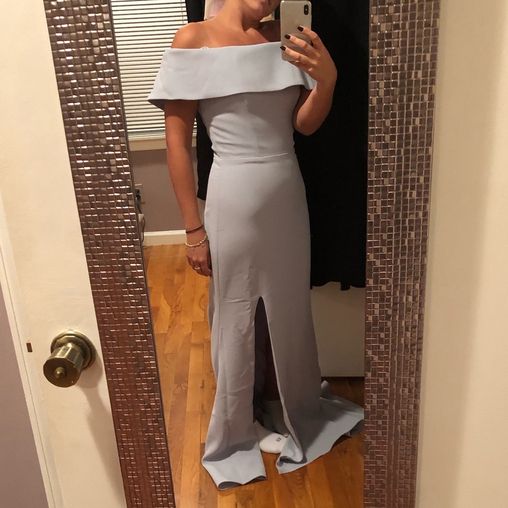 NEW BHLDN sz4 grey off shoulder gown w/slit w/tags